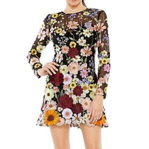 Mac Duggal Floral Applique Embroidered Mesh A Line Mini Dress - Size 4